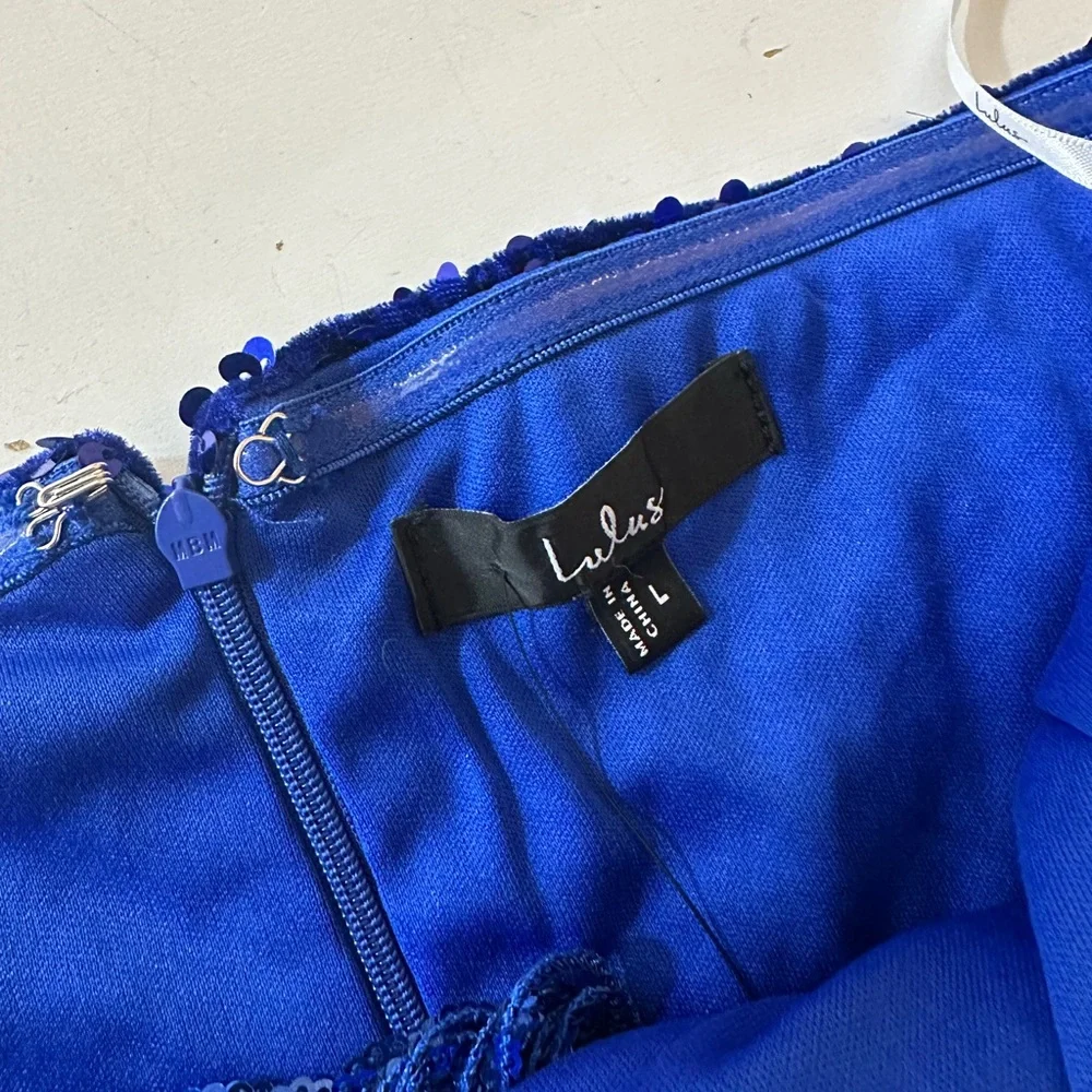 Lulus Royal Blue Elevated Dazzle Velvet Sequin Fringe Halter Mini Dress NWT L - Picture 13 of 16